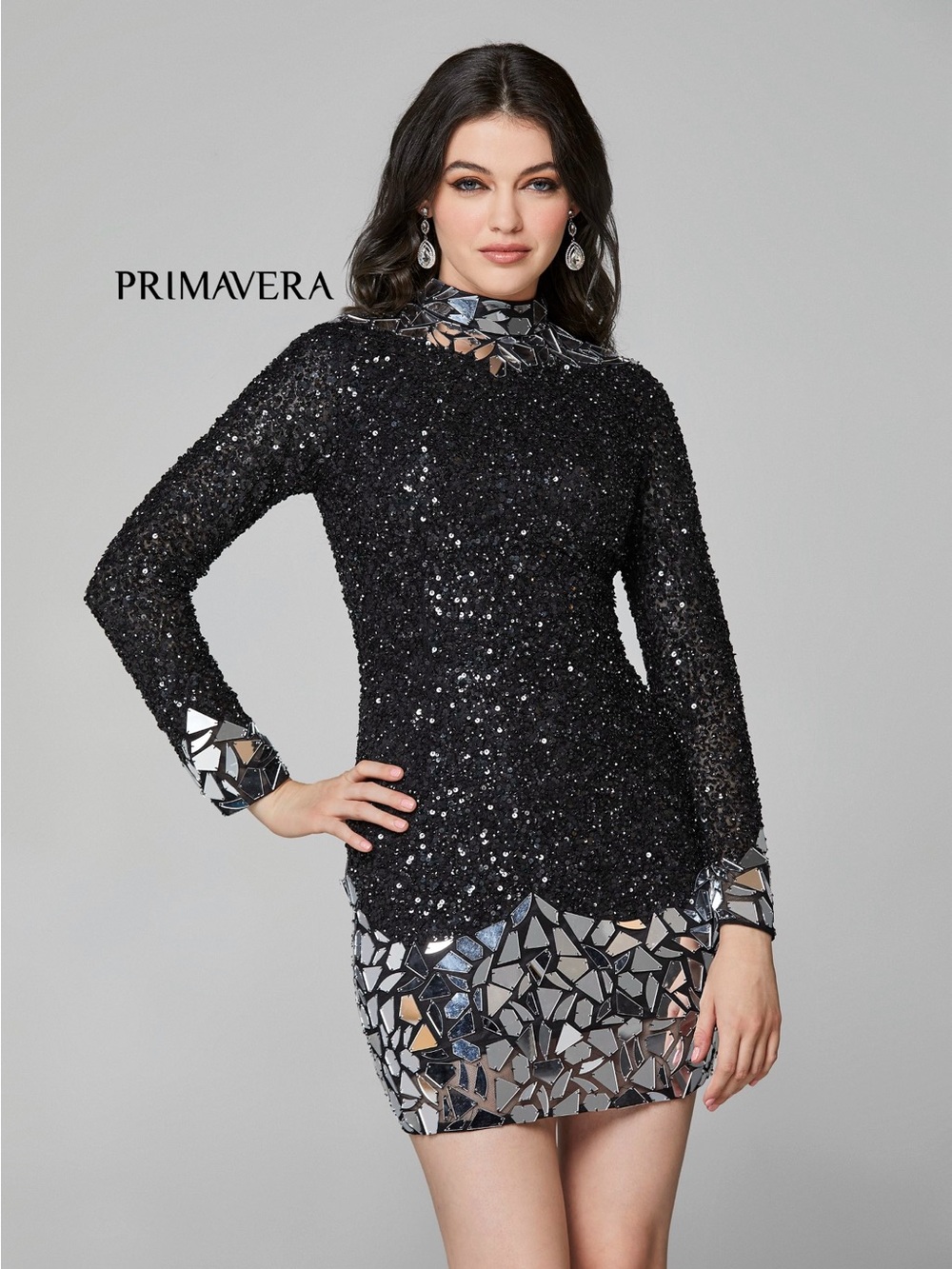 Primavera Couture Black Sequin Mini Dress with Mirror Mosaic